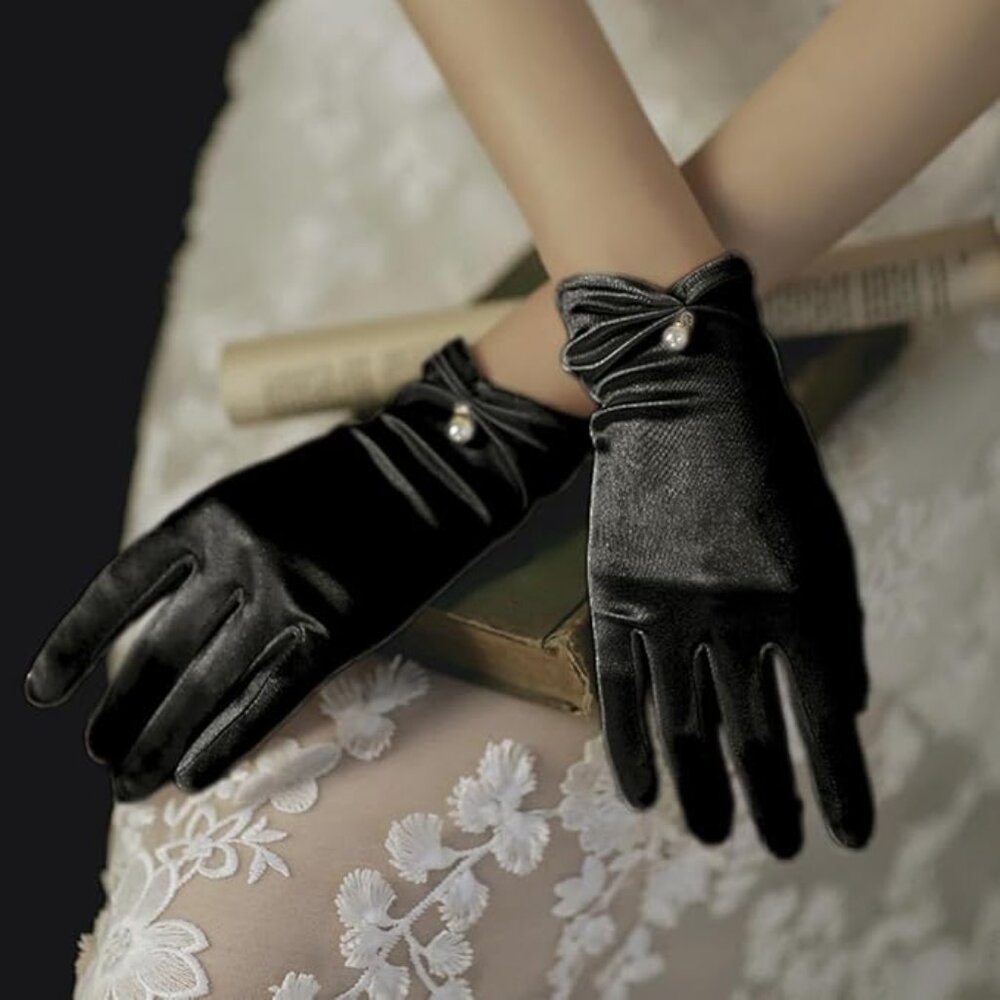 Elegant Black Velvet Gloves Pearls Tea Church Formal Black Tie Derby